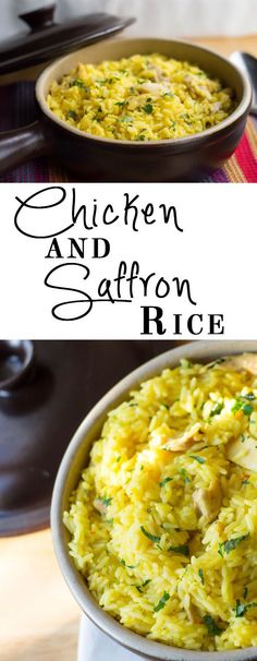 chicken and saffron rice in a white bowl