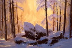 a painting of snow covered trees and rocks in the middle of a snowy forest at sunset