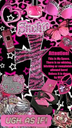 a poster with pink and black items on it's side, including an animal print background