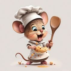 a cartoon mouse holding a wooden spoon and some food in it's hand while wearing a chef hat