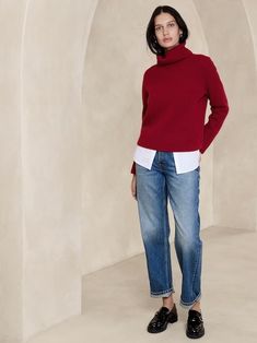 Women's Sweaters & Cardigans | Banana Republic Elegant Turtleneck Outfit, Turtleneck And Sweater Layering, Cashmere Sweater Outfit, Red Sweater Outfit, Red Turtleneck, Magical Power, Cashmere Turtleneck, Inspiration Mode, Fall Winter Outfits