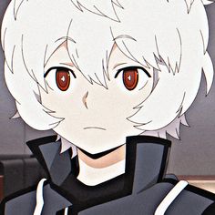 an anime character with white hair and red eyes looks at the camera while wearing a black outfit