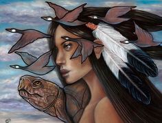 a painting of a woman with feathers on her head holding a turtle in front of the sky