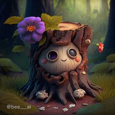 a cute little tree stump with a flower on it's head in the woods