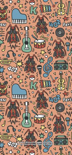 an orange background with various musical instruments and symbols on it, including the words pop power