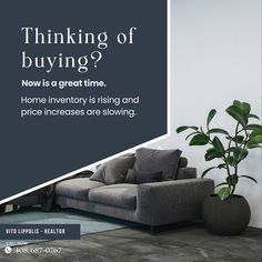 a living room with a couch and a plant in the corner that says thinking of buying? now is great time home inventory is rising and price increasers are slowing