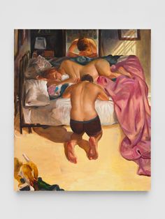 a painting of two people laying on a bed with one person in the foreground