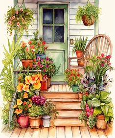 a painting of a porch with potted plants on the steps and a green door