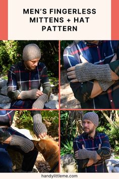 a man in plaid shirt and knitted mittens with text overlay that says men's fingerless mitts pattern