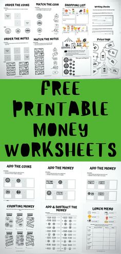 the printable money worksheet is shown in black and white, with green background