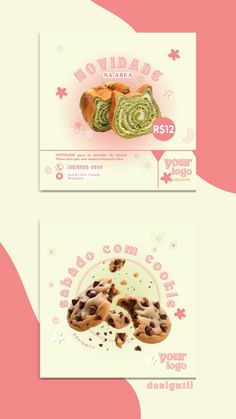 two business cards with chocolate chip cookies on the front and back, both in pink and white