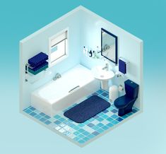 an aerial view of a bathroom with blue and white tiles on the floor, toilet, sink, tub and mirror