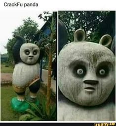 two pictures of an angry panda statue and another photo of the same character in front of them