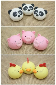 four different types of rubber toys with panda, pig and chicken faces on them in various colors