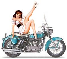 a woman sitting on top of a motorcycle with her legs spread out in the air