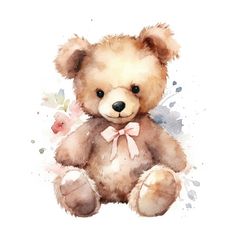 a watercolor painting of a brown teddy bear