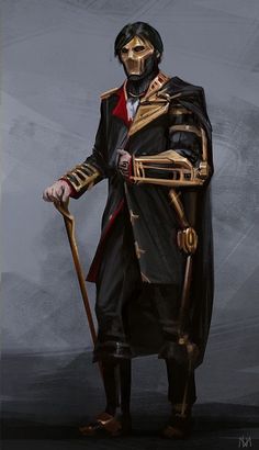 a drawing of a man dressed in black and gold with a red cape, holding a cane