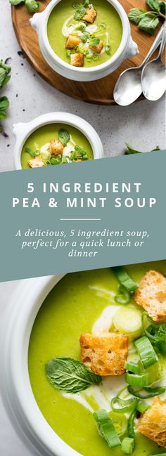 two bowls of pea and mint soup with spoons on the side, one bowl has bread croutons in it