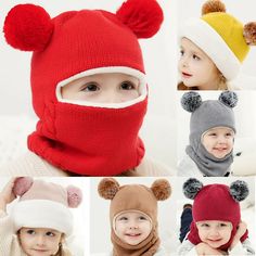 four pictures of children's hats with pom - poms