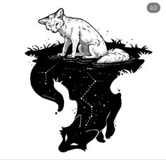 a drawing of a fox sitting on top of an upside down tree stump with stars in the sky