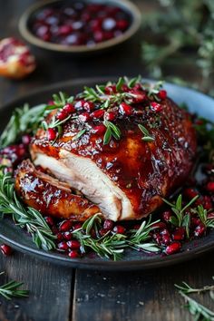 Roasted turkey breast garnished with rosemary and pomegranate seeds. Easy Christmas Turkey Recipes, Unique Turkey Recipes Thanksgiving, Fresh Turkey Recipes, Christmas Turkey Breast, Christmas Holiday Dinner Ideas, Meat Recipes For Thanksgiving, Turkey Breast For Thanksgiving, Non Traditional Turkey Recipe, Shredded Turkey Breast Recipes