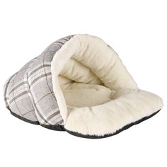 a dog bed with a white and brown plaid pattern on the inside, it is made out of fleece