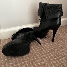 Sexy Black Leather High Heel Boots With Studded Leather Uppers. Edgy Lace-up Heeled Boots For Night Out, Edgy Fitted Platform Boots For Evening, Fitted Edgy Platform Boots For Evening, Edgy Fitted Ankle-high Boots, Punk Style High Heeled Boots For Night Out, Punk Heeled Boots For Night Out, Edgy High Ankle Heels For Party, Leather Punk Heels, Punk Style Fitted High Heeled Boots