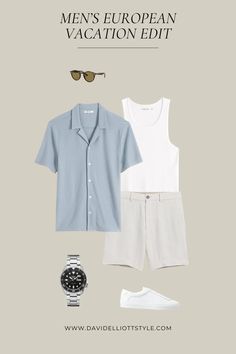 David James Elliott | Not sure what to wear for your summer vacation? The Men's European Vacation capsule wardrobe is full of style inspiration and outfit ideas to pack for your next summer trip! With a blue, white, and tan base, you can mix and match this capsule wardrobe for casual and elevated outfits for your next vacation or all summer long. Get the Free Guide here! - davidelliottstyle.com Santorini Outfits Men, Summer Outfits Men Beach, Capsule Wardrobe Men, Travel Capsule Wardrobe Summer, Capsule Wardrobe Casual, Mens Smart Casual Outfits