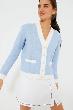 Light Blue V-neck Outerwear For Spring, Chic Blue Cardigan For Work, Classic Knit Cardigan For Spring, Elegant Blue Knit Cardigan, Elegant Light Blue Sweater For Spring, Elegant Light Blue Spring Sweater, Blue Spring Cardigan For Work, Blue Spring Work Cardigan, Spring Blue Sweater With Button Closure