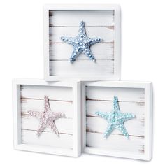 three starfishs are displayed in white frames