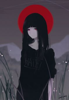 a girl with long black hair and a red hat is standing in tall grass looking at the camera