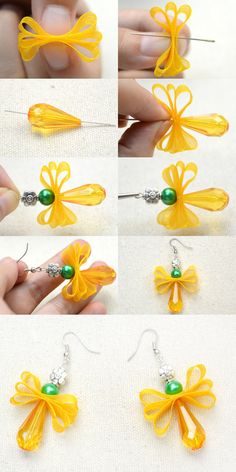 the instructions for making yellow flower earrings with green beaded beads are shown in three different views