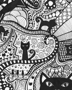 a black and white drawing of cats surrounded by swirly patterns, with one cat staring at the viewer