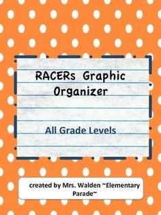 an orange book cover with white polka dots and the title racers graphic organizer all grade levels