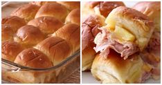 ham and pineapple sliders in a casserole dish before and after baking