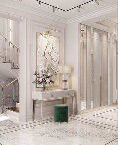 a room with white walls and marble floors