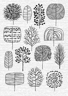 hand drawn trees in black and white