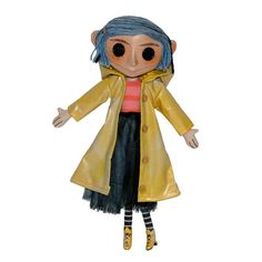 a doll with blue hair wearing a yellow coat and black skirt, standing in front of a white background