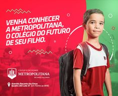 a young boy with a backpack standing in front of a red and green background that says,