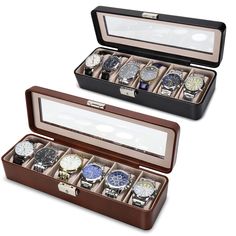 PRICES MAY VARY. 6 watch case: the maximum diameter of the watch that can be stored by mens watch case is 48MM,good quality waterproof pu leather and soft velvet is the materials of watch organizer,the frame of 6 watch box is plastic,so the watch display case is very durable The style of watch box organizer is very fashion: there is glass window in the top of watch holder for men,and a lock in the front of watch holder for women the watch boxfor men with key,you see watches when you not open the Leather Watch Case, Watch Display Case, Mens Watch Box, Watch Organizer, Watch Storage Box, Watch Holder, Watch Storage, Watch Display, Box Organizer