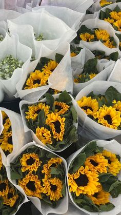 sunflowers are arranged in white paper bags