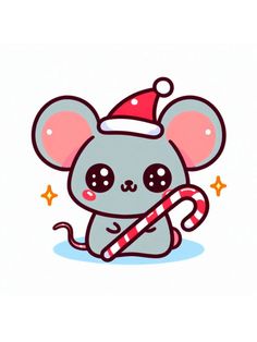 a cartoon mouse with a candy cane in its hand and wearing a santa hat on top