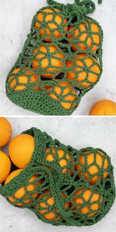 two pictures of oranges in a green crochet bag