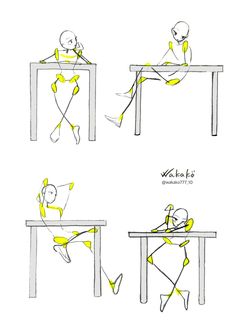 four different poses of a person sitting at a table