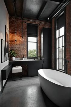 a large white bathtub sitting next to a window in a black and white bathroom