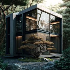 an artistic rendering of a modern house in the woods with trees and rocks around it