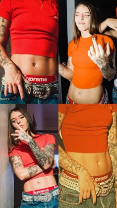 three different pictures of women with tattoos on their arms and stomachs, one in an orange shirt the other in jeans