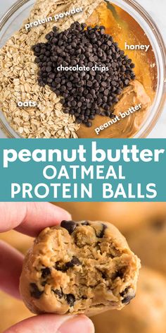 peanut butter oatmeal protein balls in a glass bowl with text overlay