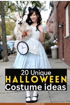 a woman in a costume holding a dog and clock with the words 20 unique halloween costume ideas