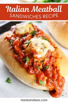 this italian meatball sandwich is loaded with cheese and marinara sauce